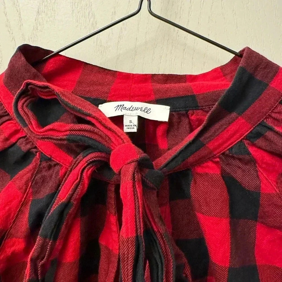 Madewell 100% cotton buffalo plaid red and black tie front blouse size S - Picture 2 of 9